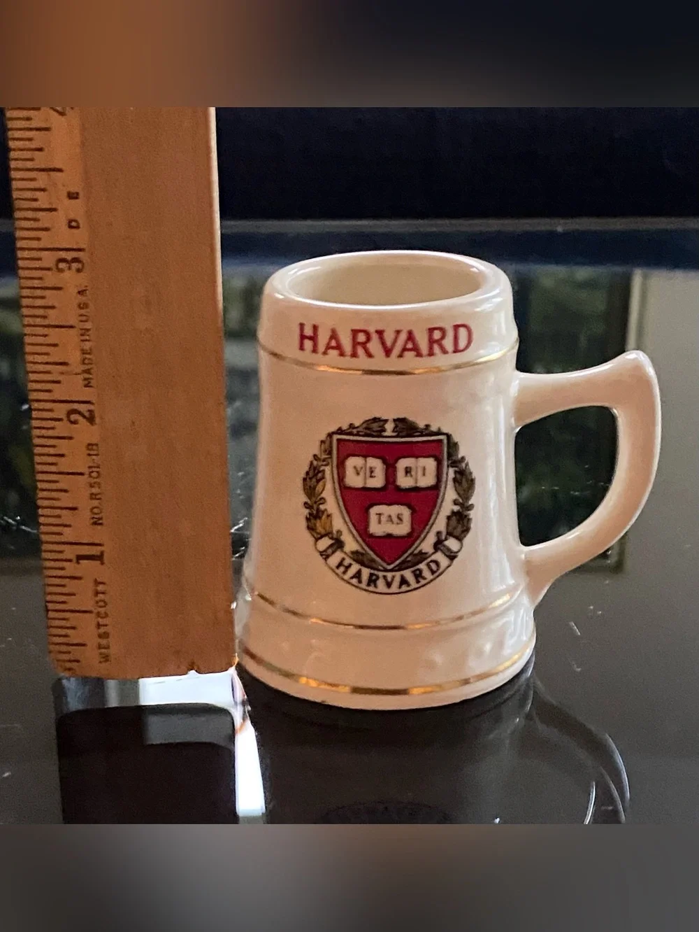 Vtg Harvard University Ceramic Beer Stein Shot Glass Ivy League Small 3” USA